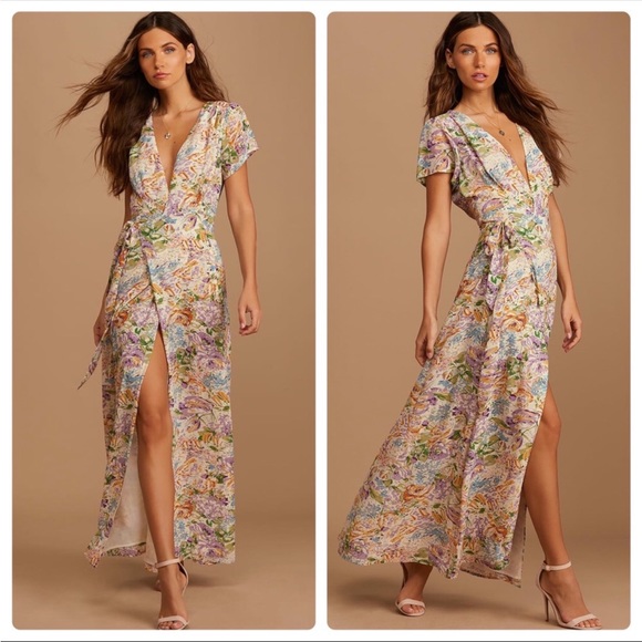 Lulus | Feels Magical Ivory Floral Print Short Sleeve Wrap Maxi Dress - Picture 2 of 12